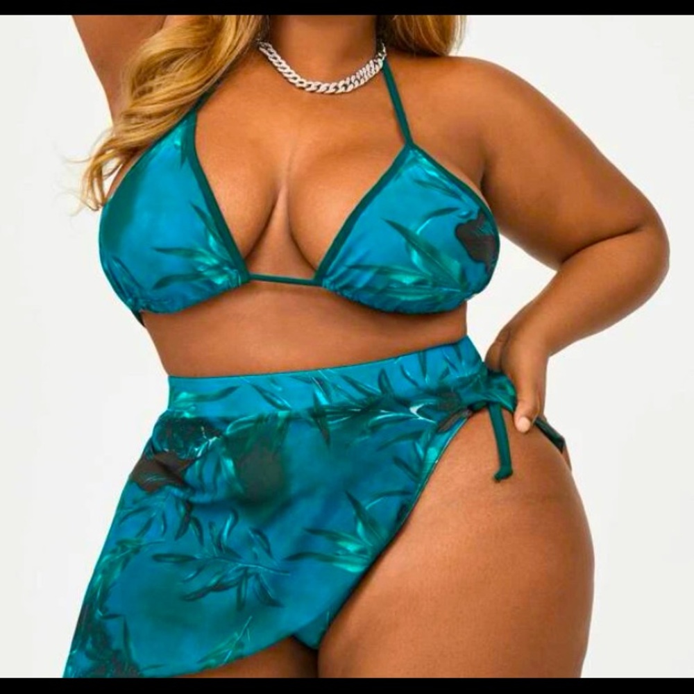 green tropical swimsuit 3 piece set